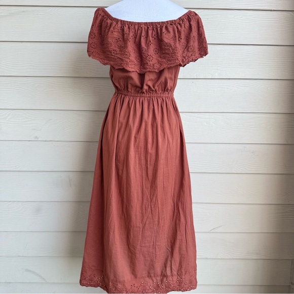 J. GEE Rust Eyelet Off Shoulder Midi Dress Women’s Size S 100% Cotton - Picture 3 of 8
